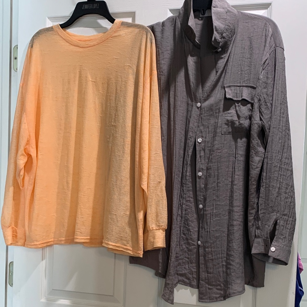 Casual Peach top and Gray button down top